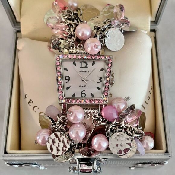 NWT Vecceli Italy Clustered Beads & Rhinestones Bracelet Wristwatch Pink OS main image 4